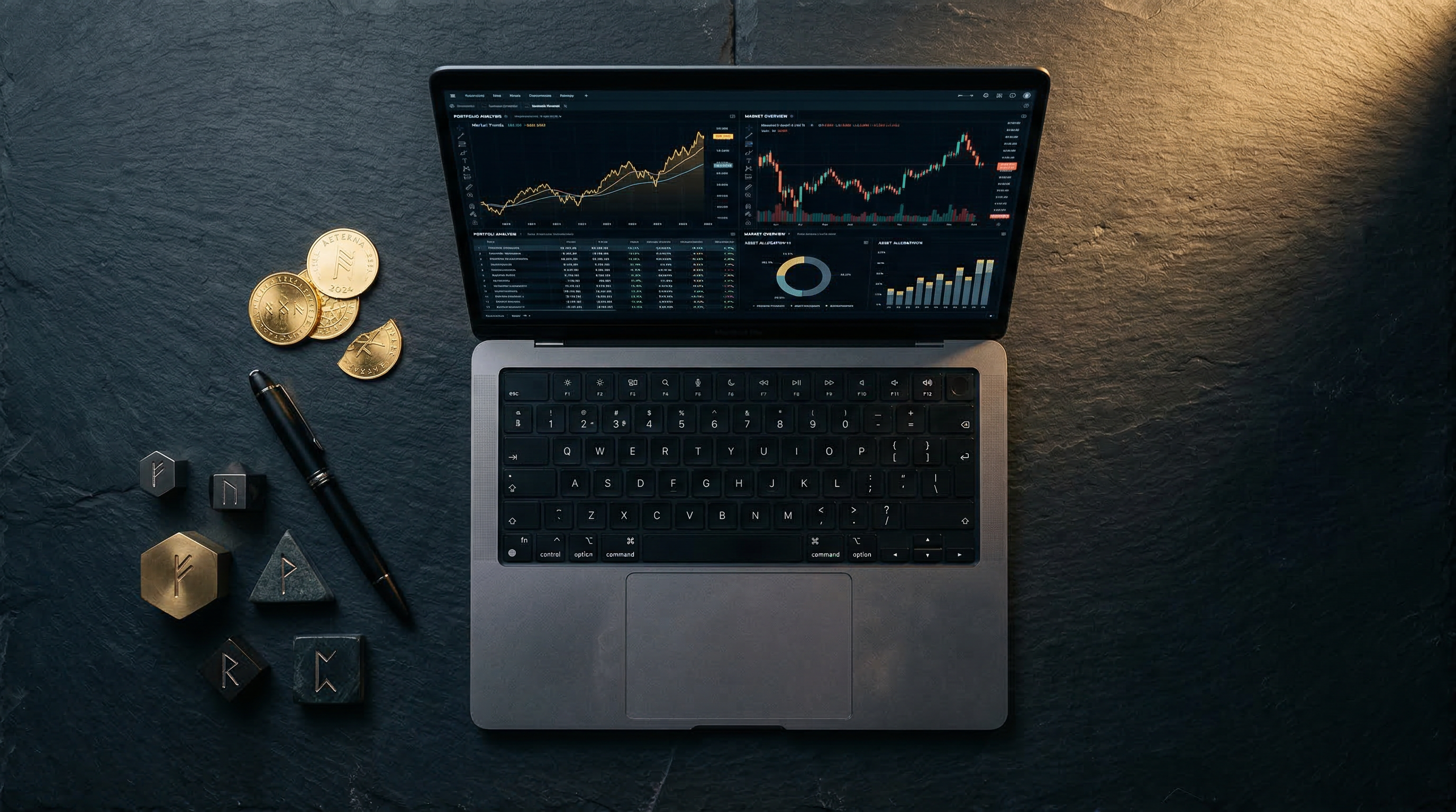 Laptop with financial charts and Viking rune stones on dark slate surface